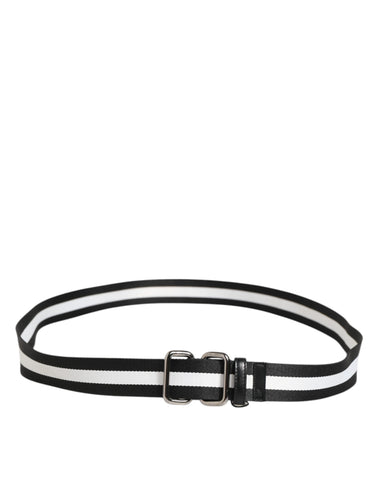 Black White Striped Logo Metal Buckle Belt