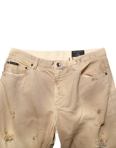 Beige Cotton Loose Tattered Men Denim Jeans