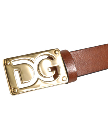 Brown Leather Classic Metal Logo Buckle Belt