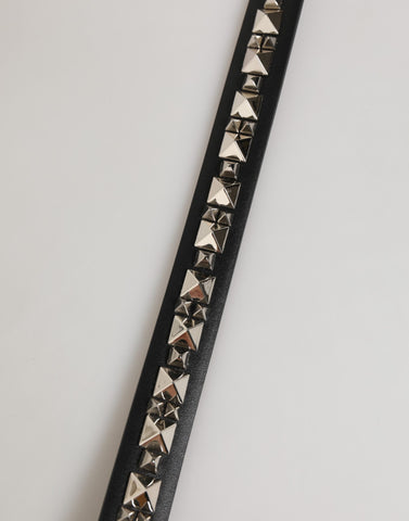 Black Leather Studded Silver-Tone Buckle Belt