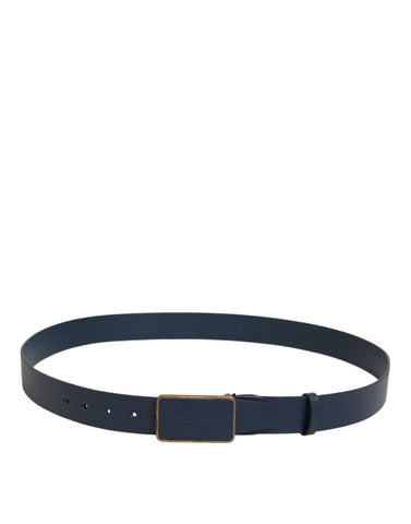 Blue Leather Classic Metal Logo Buckle Belt