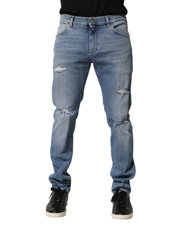 Blue Distressed Cotton Slim Men Denim Jeans