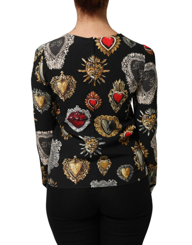 Black Sacred Heart Print Long Sleeves Top
