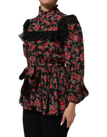 Black Floral Print Long Sleeve Blouse Top