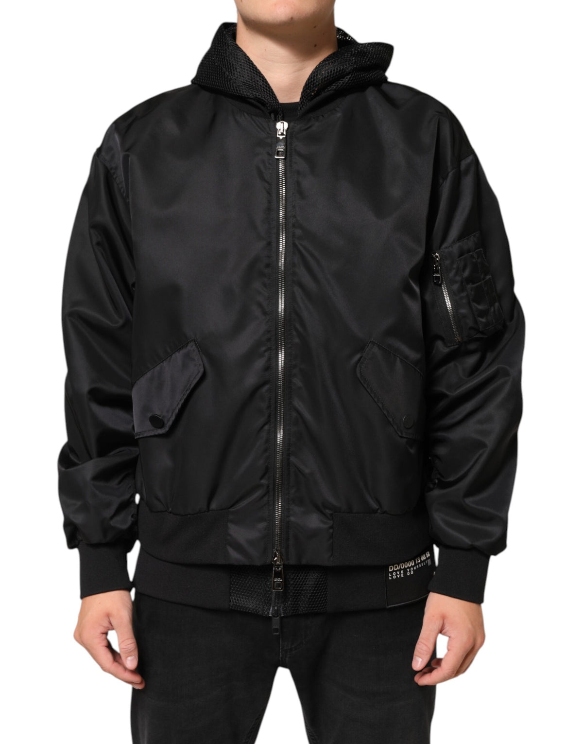 Black Nylon Hooded Full Zip Bomber Men Jacket
