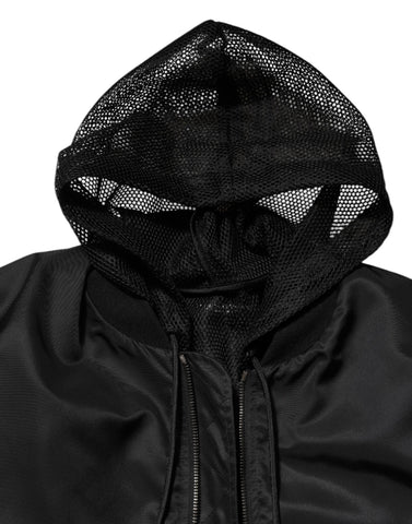 Black Nylon Hooded Full Zip Bomber Men Jacket