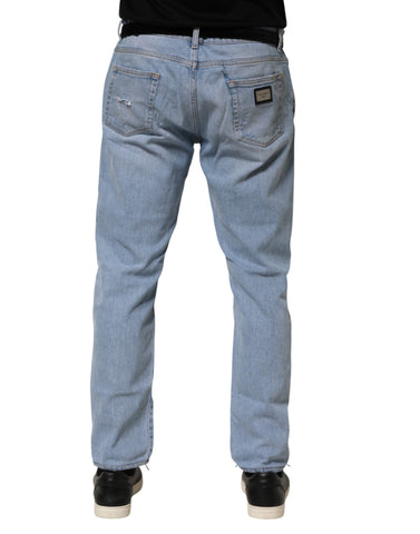 Blue Cotton Distressed Slim Fit Denim Jeans