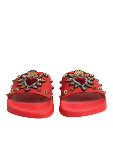 Red Sacred Heart Stud Slides Beachwear Shoes