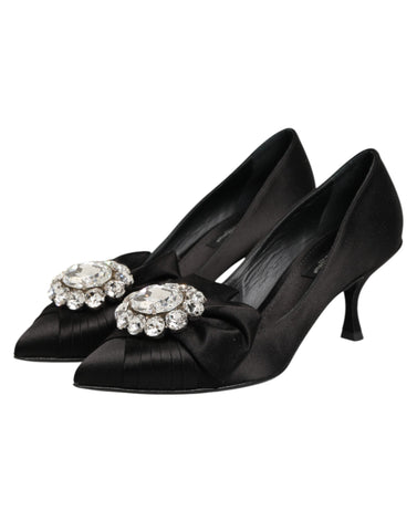 Black Satin Bow Crystal Embellishment Pumps Shoes