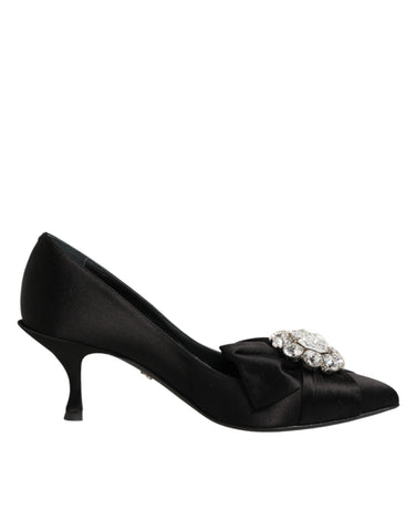 Black Satin Bow Crystal Embellishment Pumps Shoes