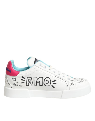 White Leather Graffiti Low Top Sneakers Shoes