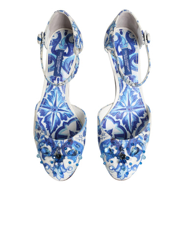 White Blue Floral Crystal Ankle Straps Shoes