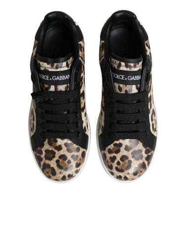 Brown Leather Leopard Low Top Sneakers Shoes