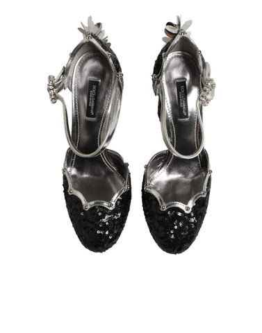 Black Sequined Ankle Strap Sandals Shoes