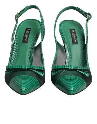 Green Leather Mesh Heels Slingback  Shoes