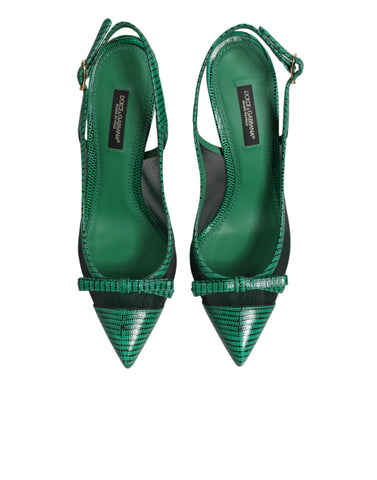 Green Leather Mesh Heels Slingback  Shoes