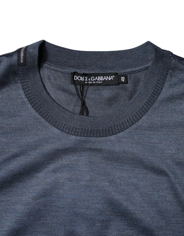 Blue Silk Crew Neck Short Sleeves Men T-shirt