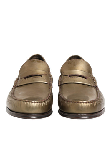 Gold Leather Slip On Dress Men Loafers Shoes