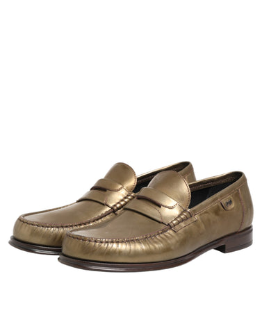 Gold Leather Slip On Dress Men Loafers Shoes