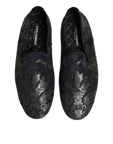 Black Jacquard Leather Slip On Loafers Shoes
