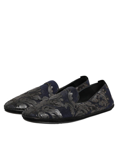 Black Jacquard Leather Slip On Loafers Shoes