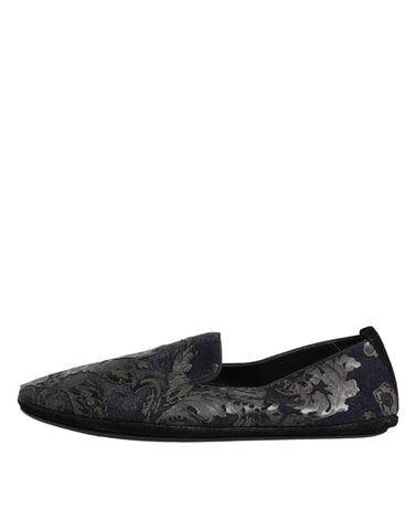 Black Jacquard Leather Slip On Loafers Shoes