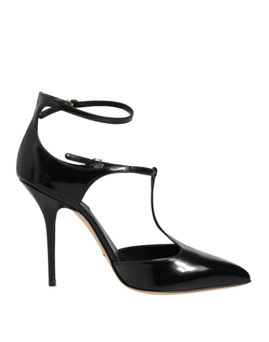 Black Leather T-STRAPS Heels Sandals Shoes