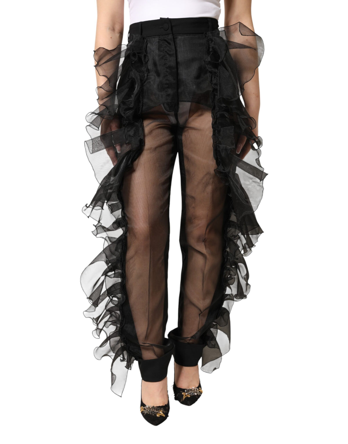 Black High Waist Tulle Wool Trouser Pants