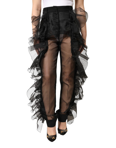 Black High Waist Tulle Wool Trouser Pants