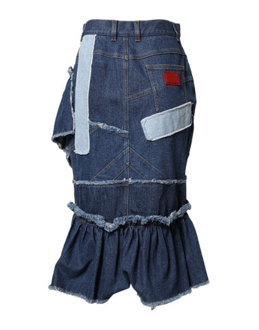 Niebieska patchworkowa spódnica midi z dżinsu z warstwami