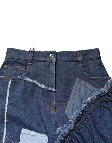 Niebieska patchworkowa spódnica midi z dżinsu z warstwami