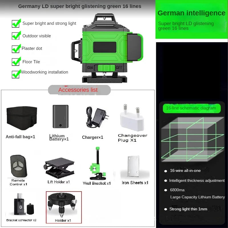 Poziomica laserowa 3D/4D 12/16 linii 360° z funkcją samopoziomowania i statywem