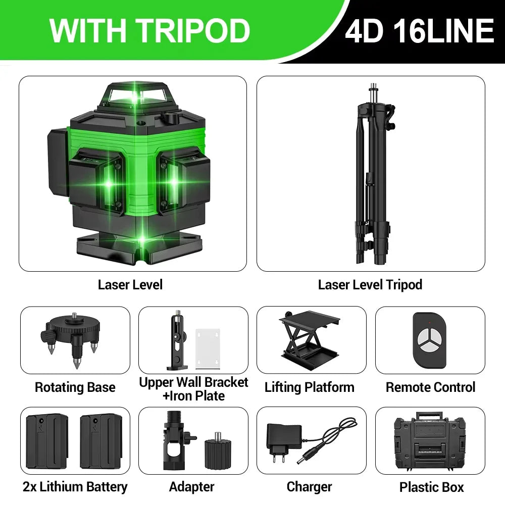 Poziomica laserowa 3D/4D 12/16 linii 360° z funkcją samopoziomowania i statywem