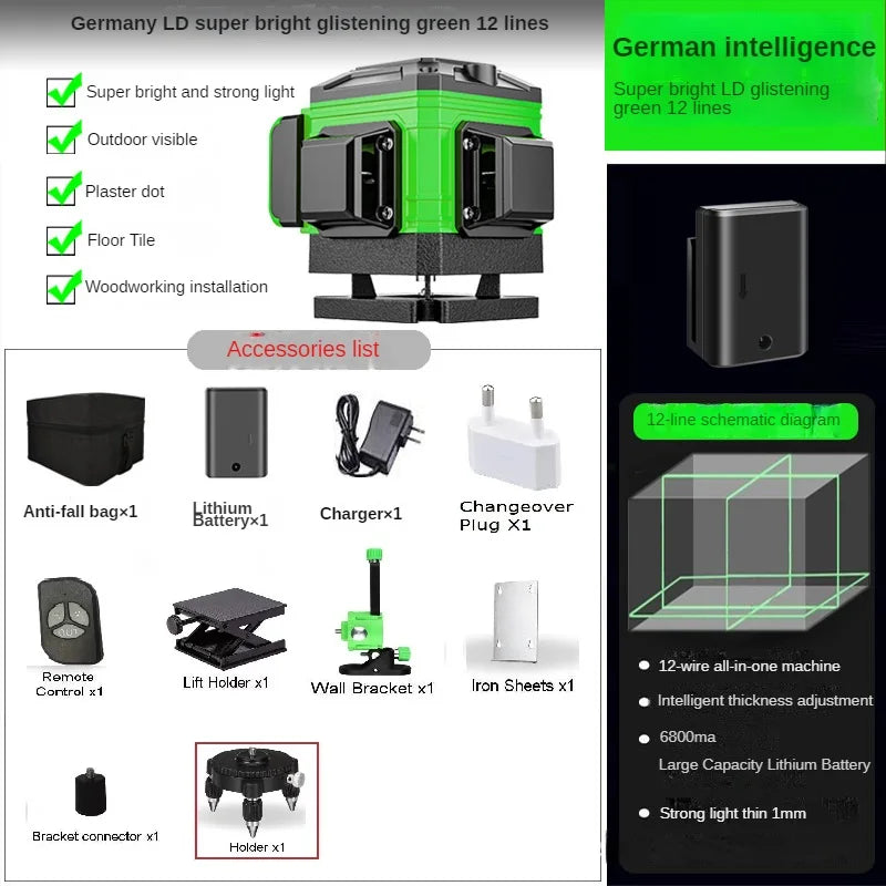 Poziomica laserowa 3D/4D 12/16 linii 360° z funkcją samopoziomowania i statywem