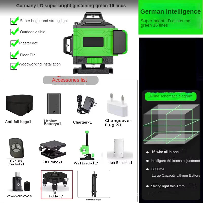 Poziomica laserowa 3D/4D 12/16 linii 360° z funkcją samopoziomowania i statywem