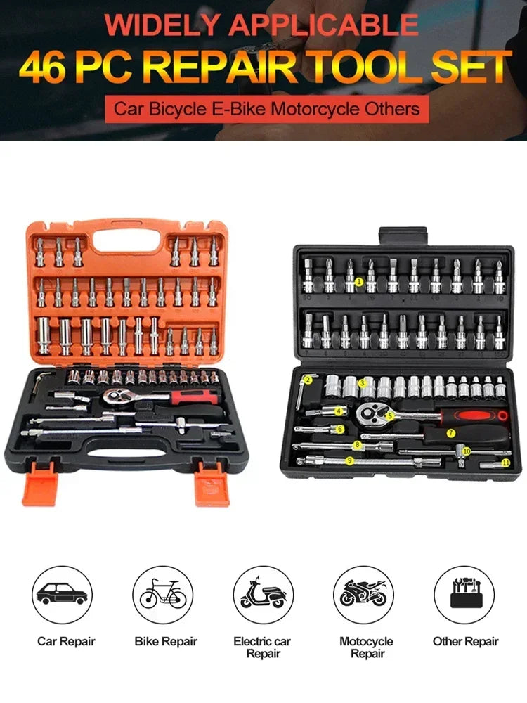 Zestaw kluczy nasadowych Amagi 46 szt. 1/4" z grzechotką do napraw samochodów, motocykli i rowerów