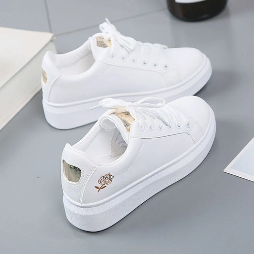 Dames Geborduurde PU Leren Sneakers 2026 – Ademend Veterschoenen voor Vrije Tijd