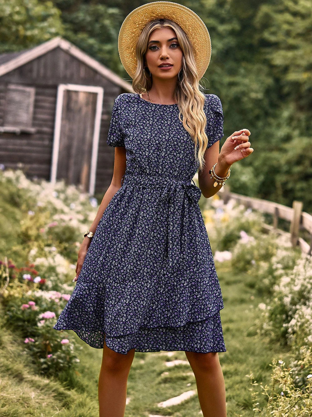 Women's Summer Floral A-Line Dress – High Waist Pleated Knee-Length Ca – Euroway