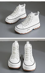 Damskie wysokie sneakersy z płótna – na sznurowadła, na platformie, wulkanizowane buty