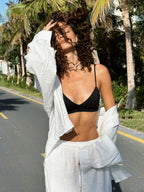 Damski 2-częściowy zestaw z bawełny i lnu 2026 – koszula z długim rękawem i szerokie spodnie z wysokim stanem