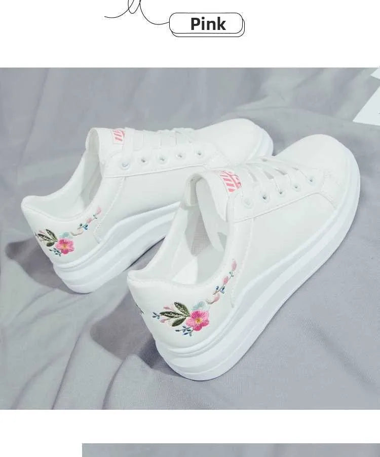 Damskie sneakersy z haftowanymi kwiatami na sznurowadła – oddychające casualowe buty do biegania