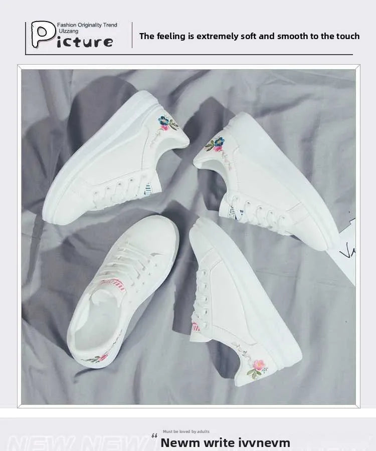 Damskie sneakersy z haftowanymi kwiatami na sznurowadła – oddychające casualowe buty do biegania