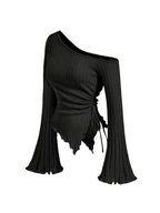 Damski asymetryczny dopasowany top z odkrytymi ramionami – t-shirt z rozkloszowanymi rękawami