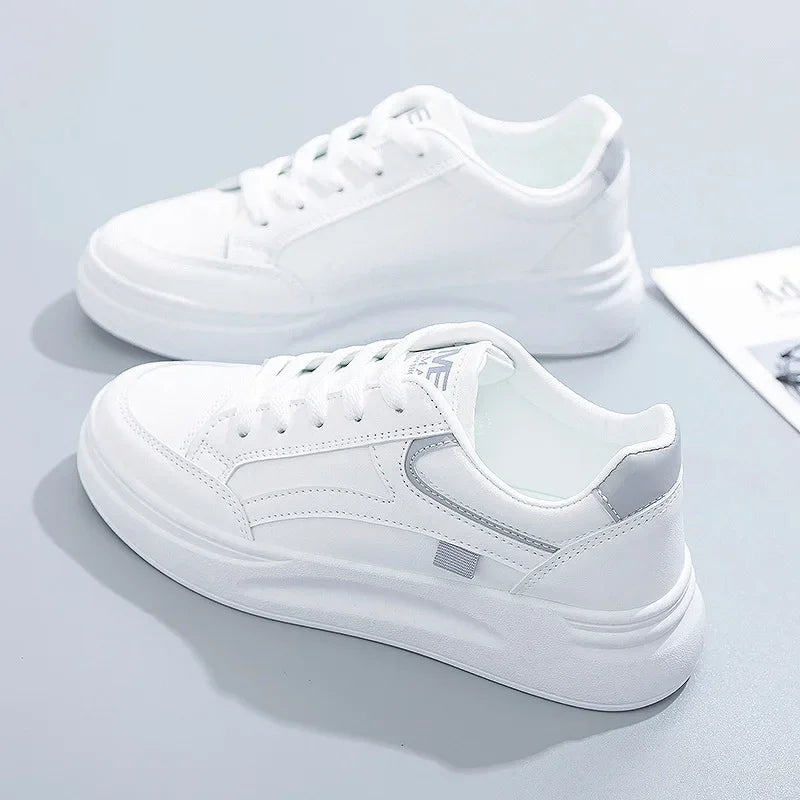 Damskie sneakersy z ekoskóry – oddychające, sznurowane buty do chodzenia i na co dzień na zewnątrz Główne zdjęcie produktu