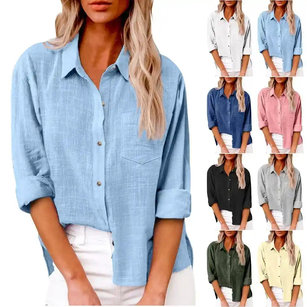 Damen Baumwoll-Leinen Langarmshirt – Lässiges, locker sitzendes Hemd mit Knöpfen